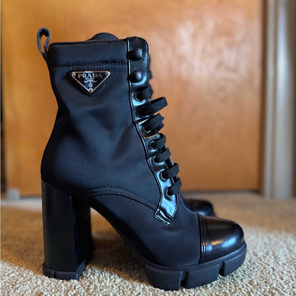 Prada Women's Triangle Logo Heeled Ankle Boots Nylon and Leather